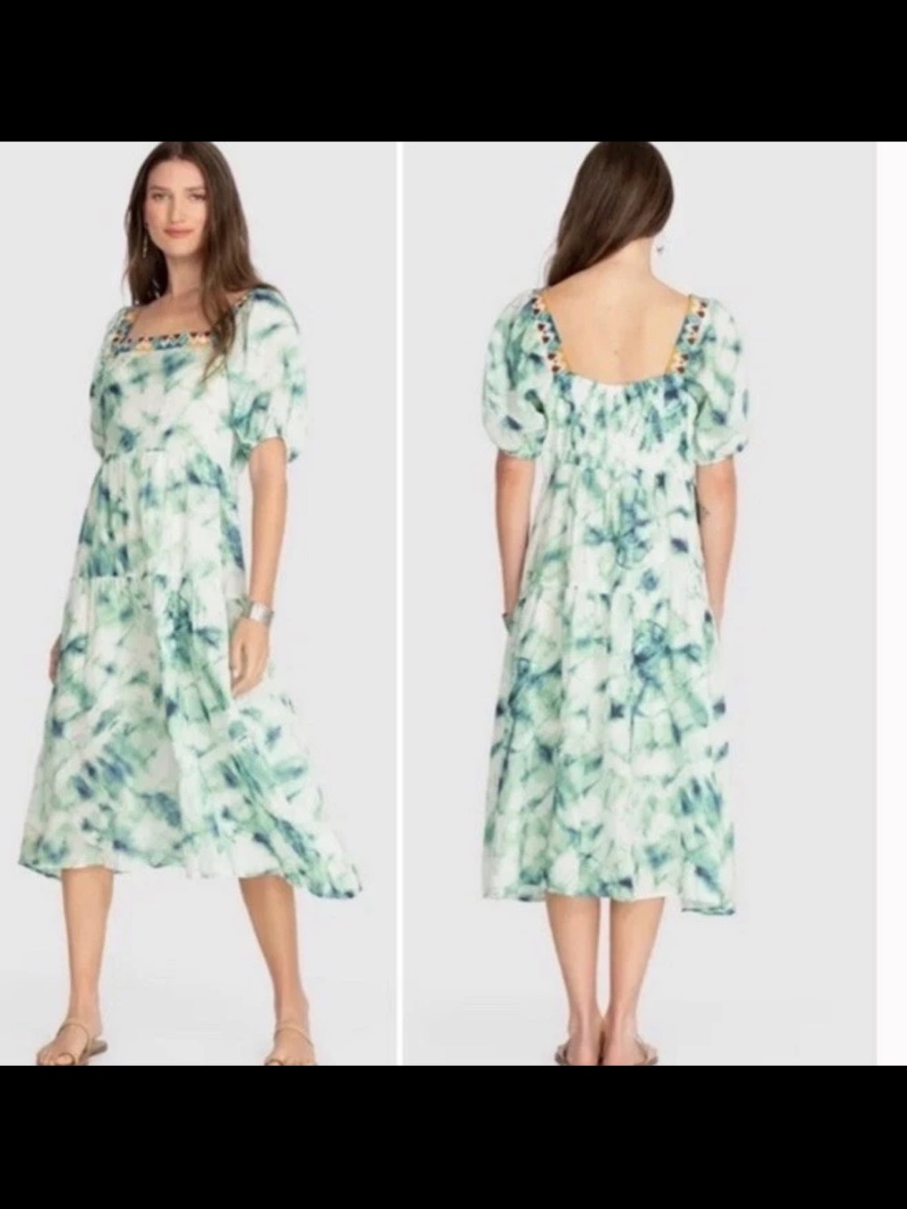 Johnny Was Workshop Jade marble puff sleeve embroidered tie dye midi dress small
